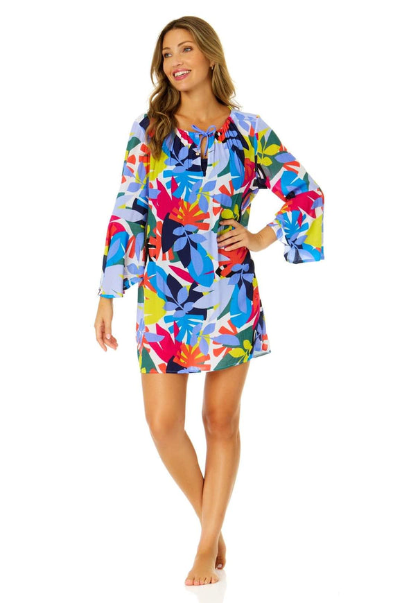 Anne Cole Tropic Stamp Bell Sleeve Tunic Swimsuit Cover Up - Size L/XL