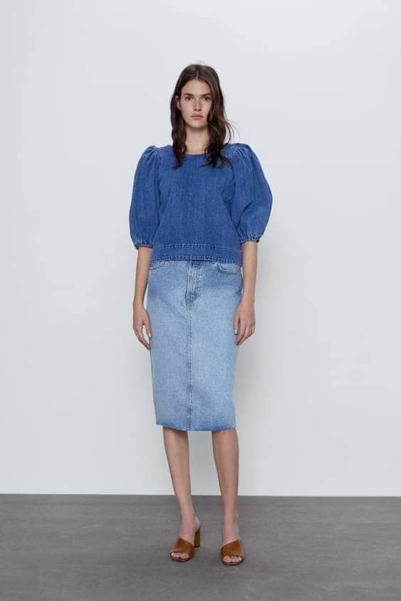 Zara Denim Balloon Sleeve Top - Size S