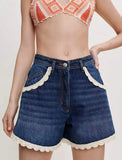 MAJE Crochet-Trimmed Denim Shorts - Size M