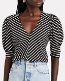 FRAME Chevron Stripe Puff-Sleeve Shirred Top - Size M