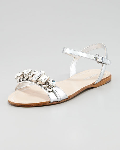 Miu Miu Metallic Crystal Strap Flat Sandal - Size 6.5